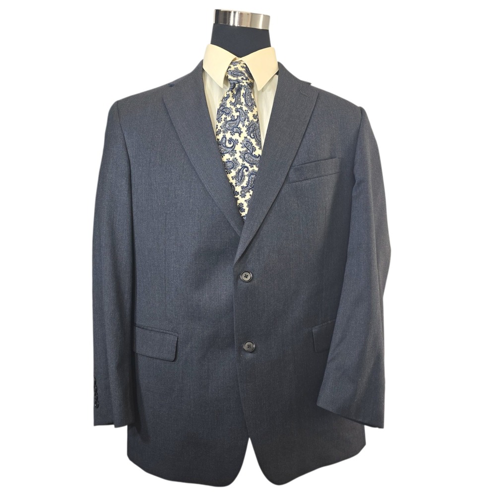 Hart Schaffner Marx Blazer Mens 46R Blue Gray Two Button Wool Blend USA Made‎